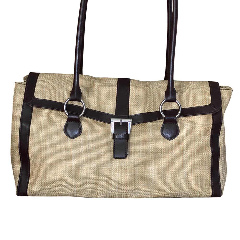 Woven shoulder bag leather trim buckle detail resort tote boho coastal vacation